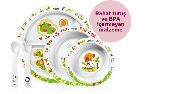 Philips Avent çocuklar için beslenme seti kolayca tutulur ve BPA içermez